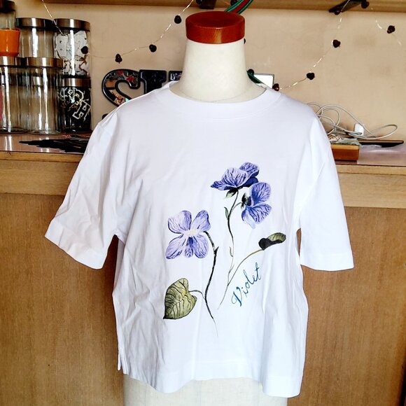 J Crew Cropped Boxy Tee 100% Cotton No Plastic Cute Floral Graphics Like New XS - Picture 1 of 4